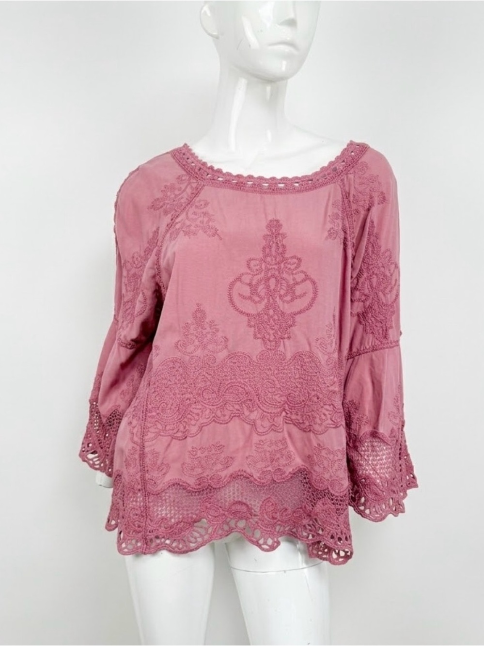 Democracy Womens M Dusty Pink Embroidered Crochet Lace Bell Sleeve Boho Peasant